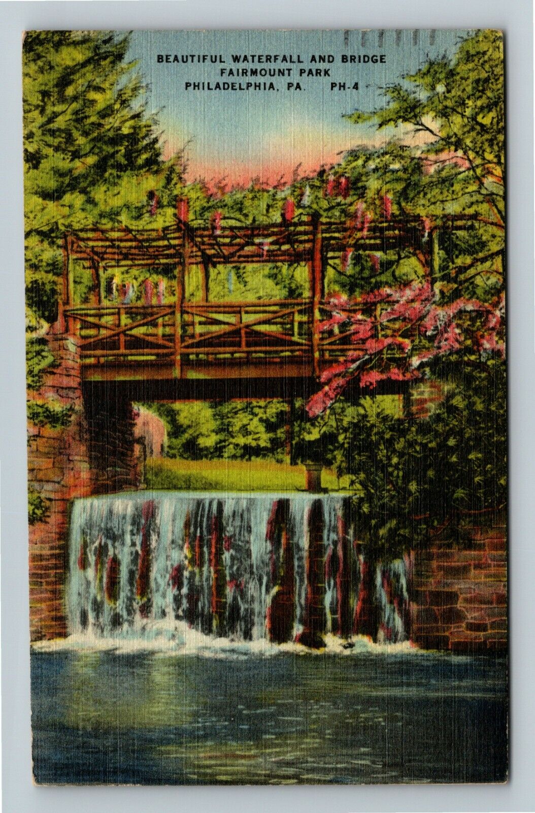 Philadelphia PA-Pennsylvania Scenic Waterfall and Bridge c1944 Vintage Postcard