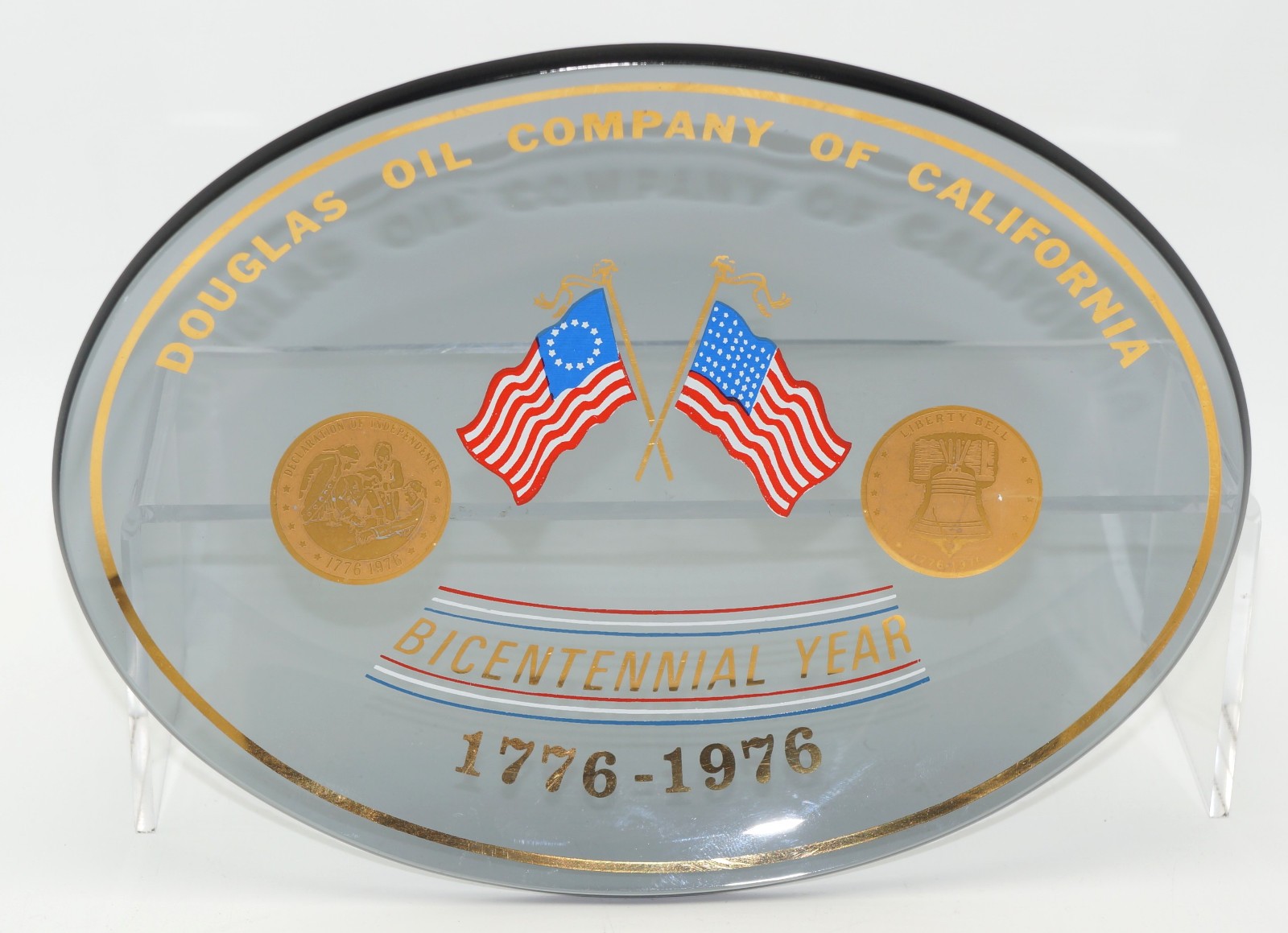Vintage Douglas Oil Company of California Smoked Glass Trinket Tray Bicentennial