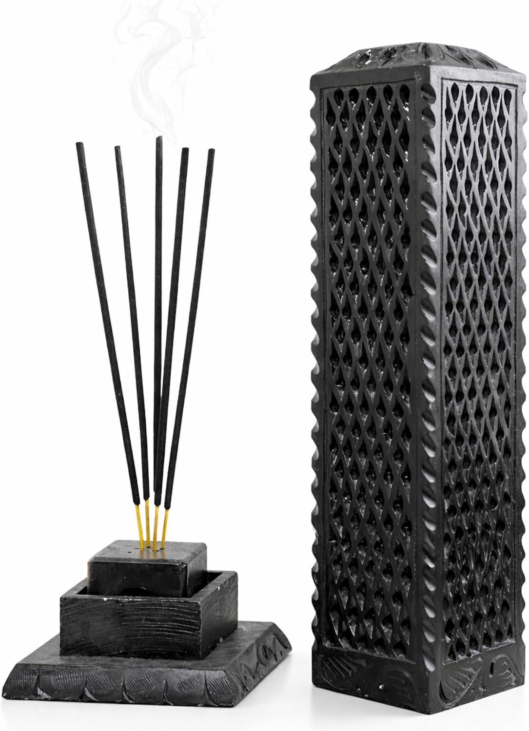 Handmade Marble Black Soapstone Incense Burner, 3X3X11 In