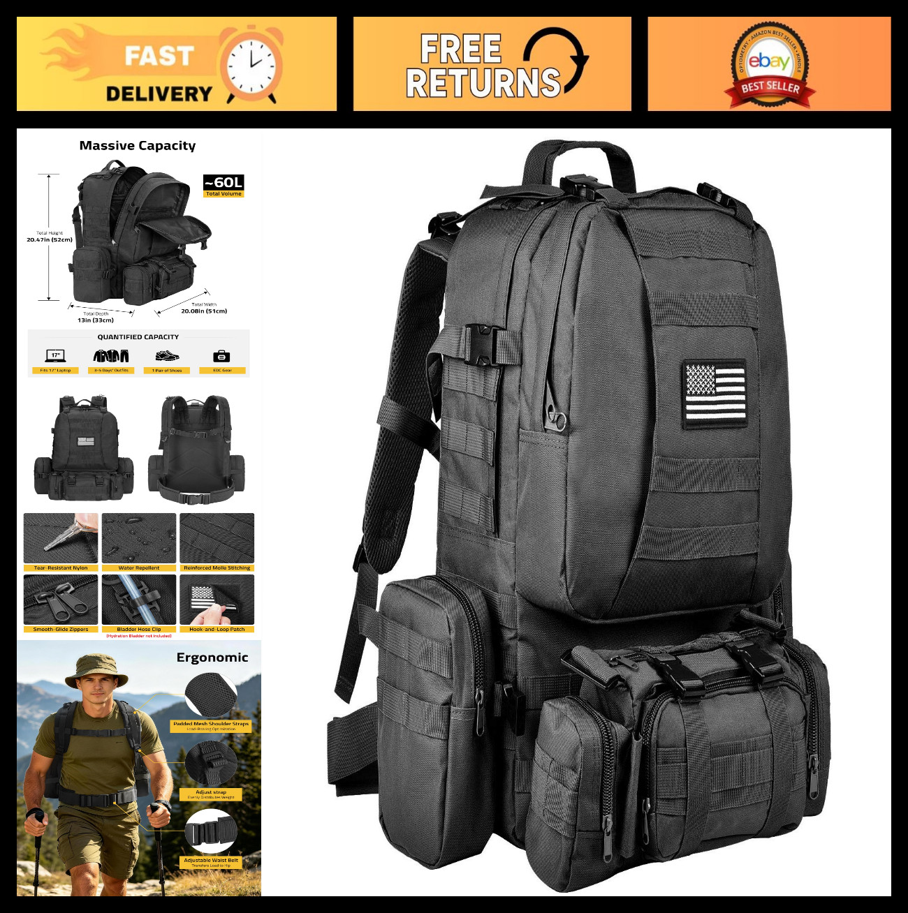 Large 60L Tactical Rucksack Backpack for Men, Outdoor Hiking & Camping Gear