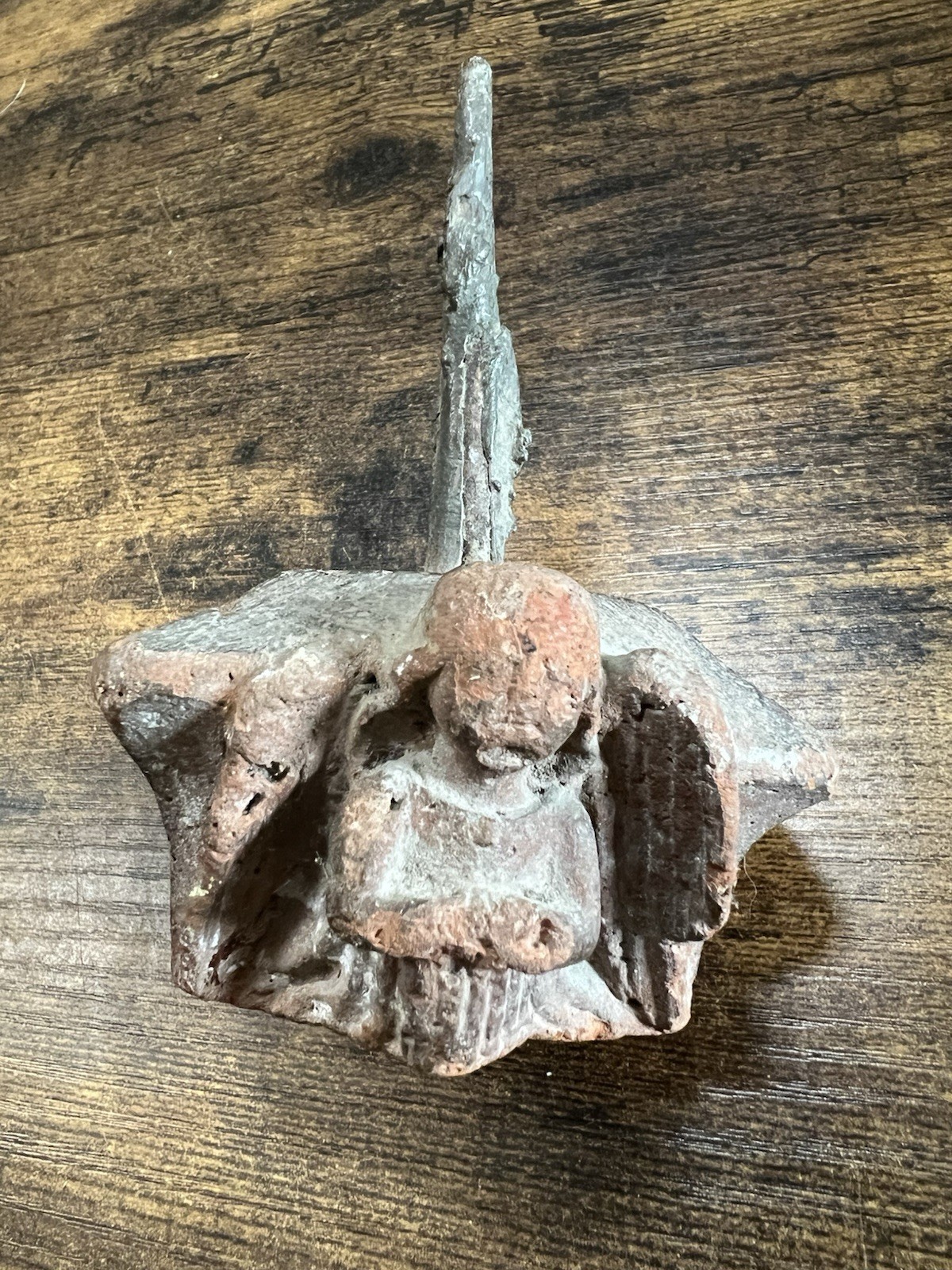 Antique Winged Angel Cherub Cast Metal Architectural Ornament Fragment 5.5”