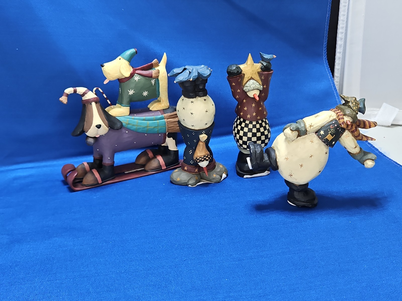 4 Williraye Studio Folk Art Snowman Christmas Winter Dogs Lot Vintage 4.5\ 4 Williraye Studio Folk Art Snowman Christmas Winter Dogs Lot Vintage 4.5\