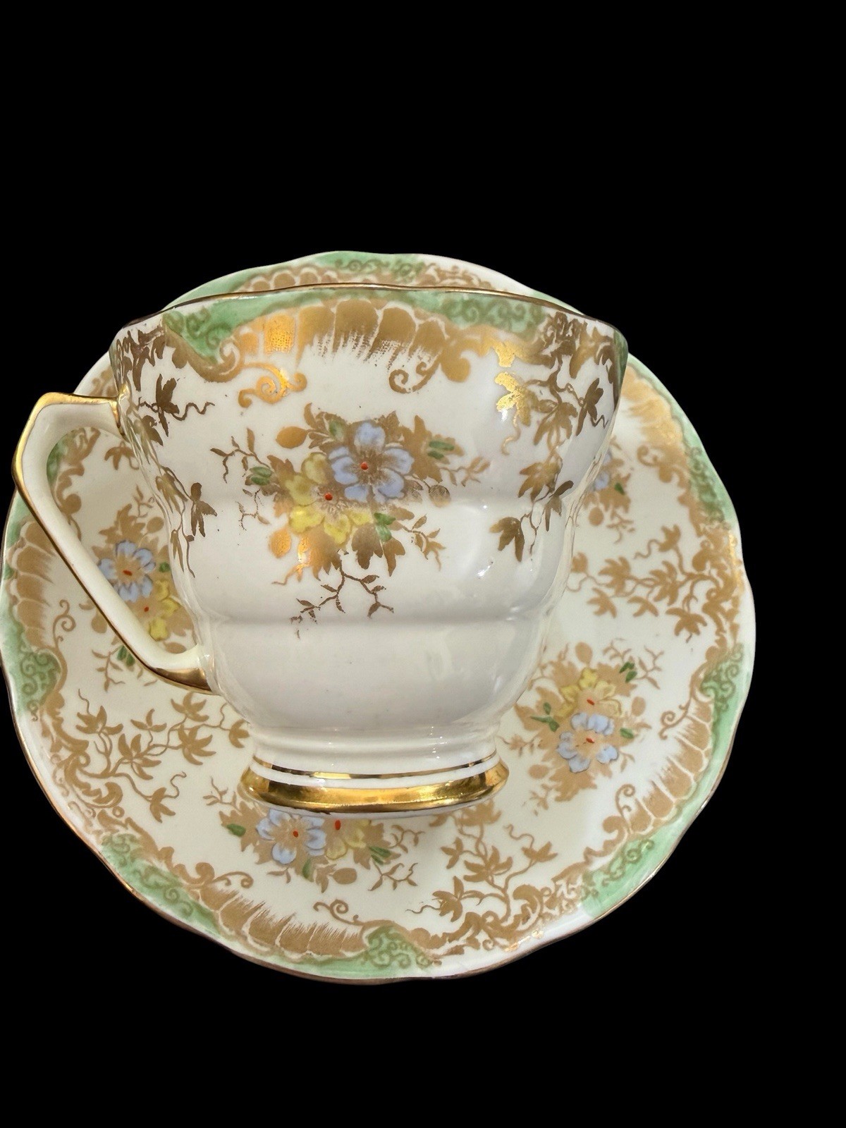 Vintage Radfords Fenton Bone China Teacup Saucer Floral Green Gold England