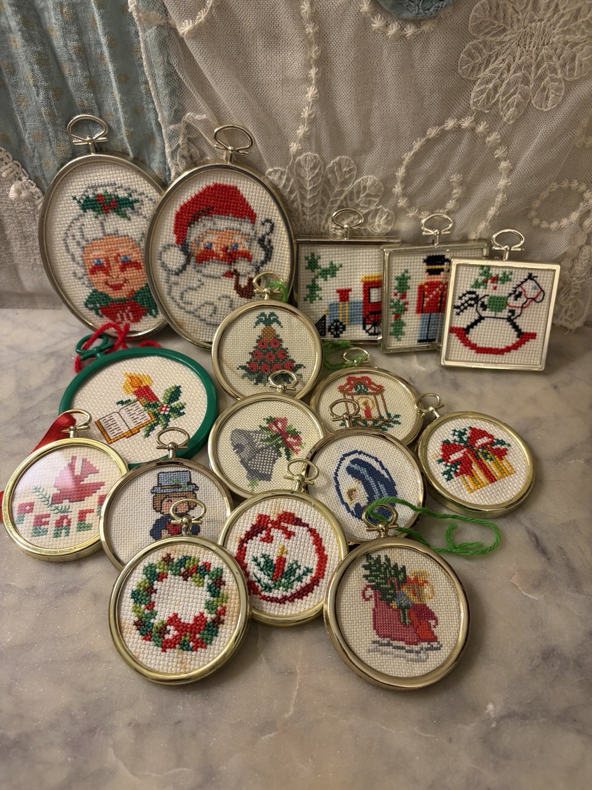 Vtg 70s Handmade Cross Stitch Christmas Ornaments Set of 16 Retro Holiday Decor