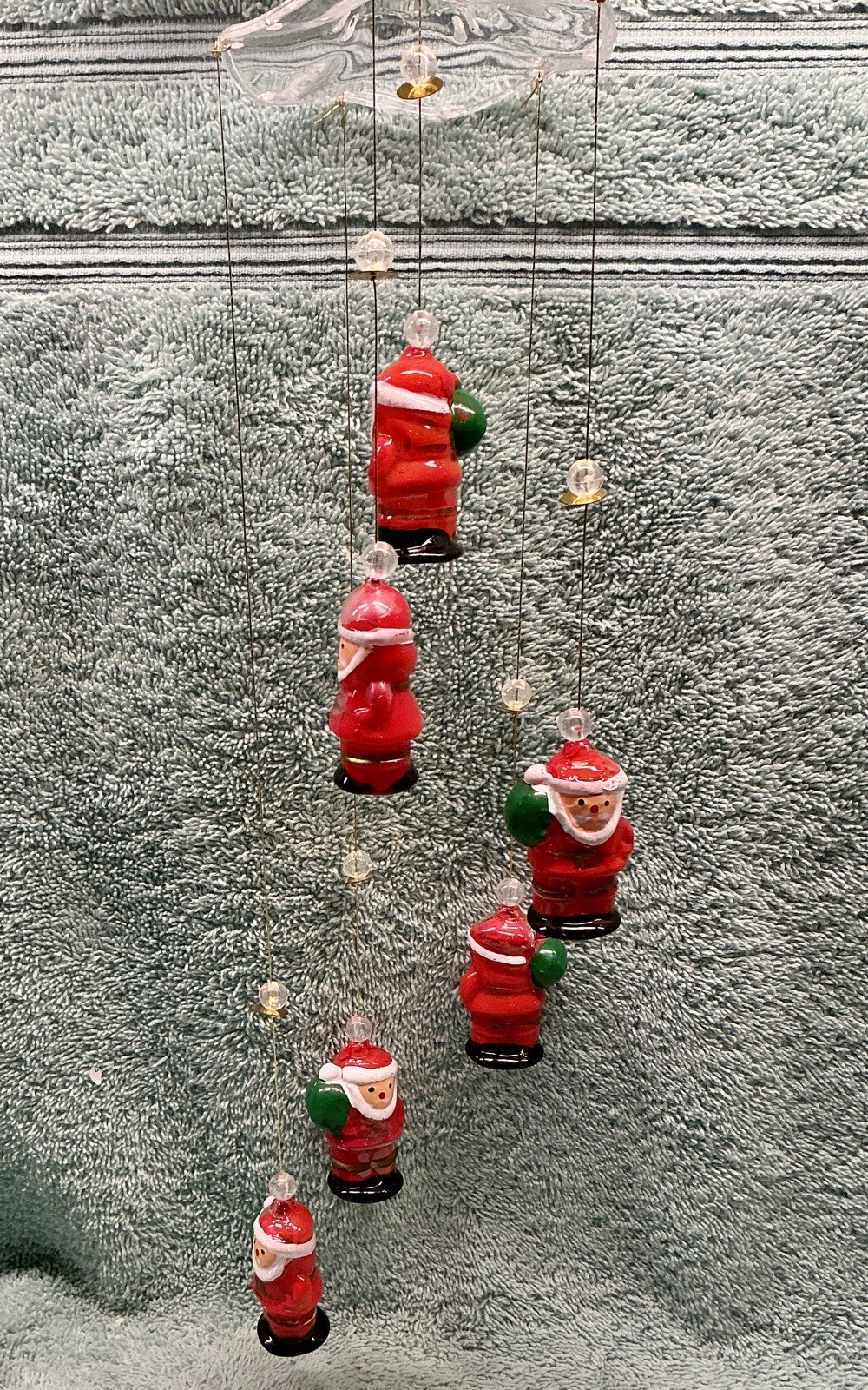 Vintage Mid-Century Glass Miniature Santa Claus Ornaments Mobile - NIB