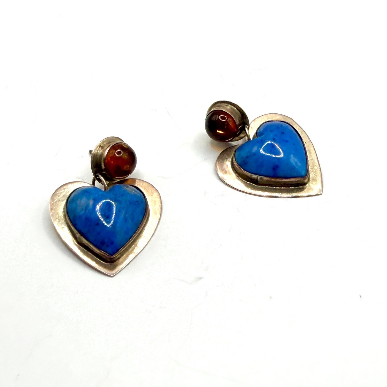 Vintage 90s Jason Livingston Signed Sterling Silver Lapis Amber Heart Earrings