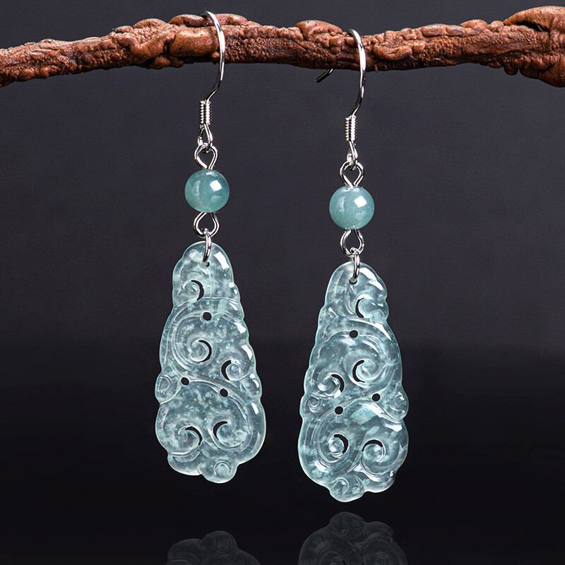 Natural Grade A Jadeite Jade Ruyi S925 Silver Inlaid Jade Earrings Certificate