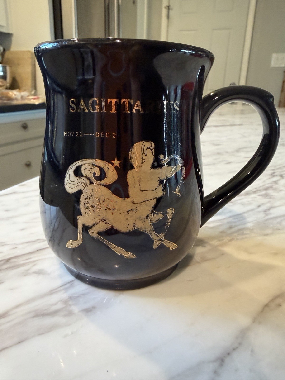 Vtg Sagittarius Horoscope Birthday Black & Gold Ceramic Coffee Tea Cup Mug