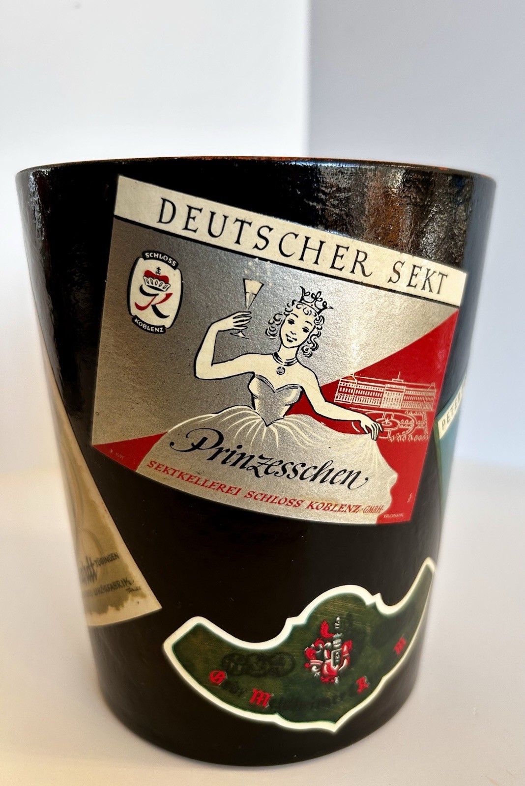 Vintage West German Papier Mache Ice Bucket 1950s “Sekt” Label Decoupage Barware