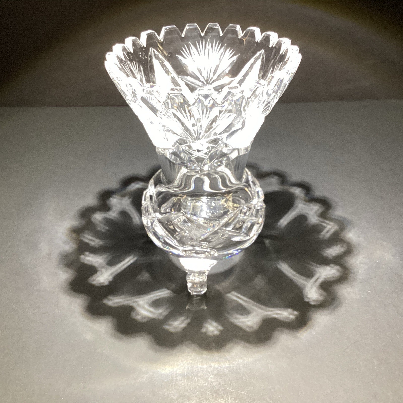 VTG Heavy Clear Cut Crystal 3 Toed Vase Sawtooth Rim Germany