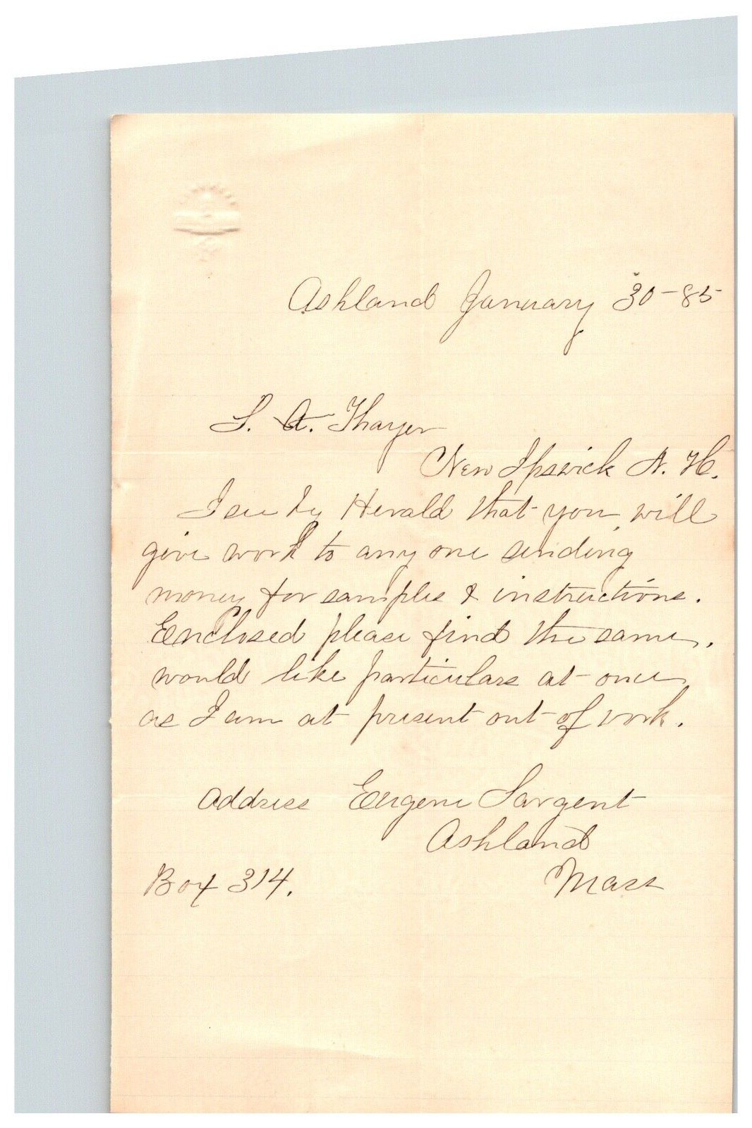 1885 Handwritten Letter Eugene Sargent Family  Stamp Ashland MA Massachusetts