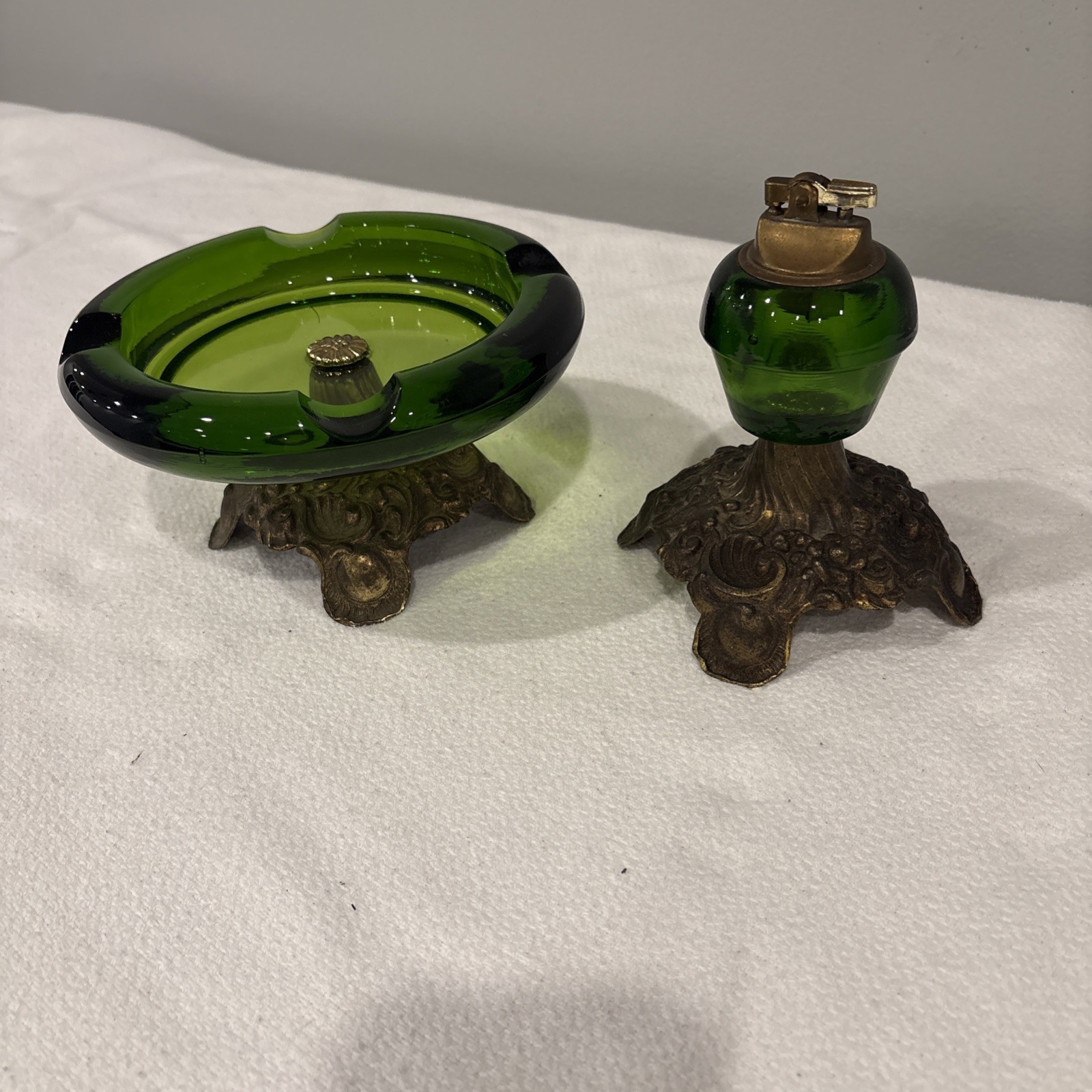 VTG L&L  Glass  w-Brass Pedestal Ashtray and Table Lighter Set