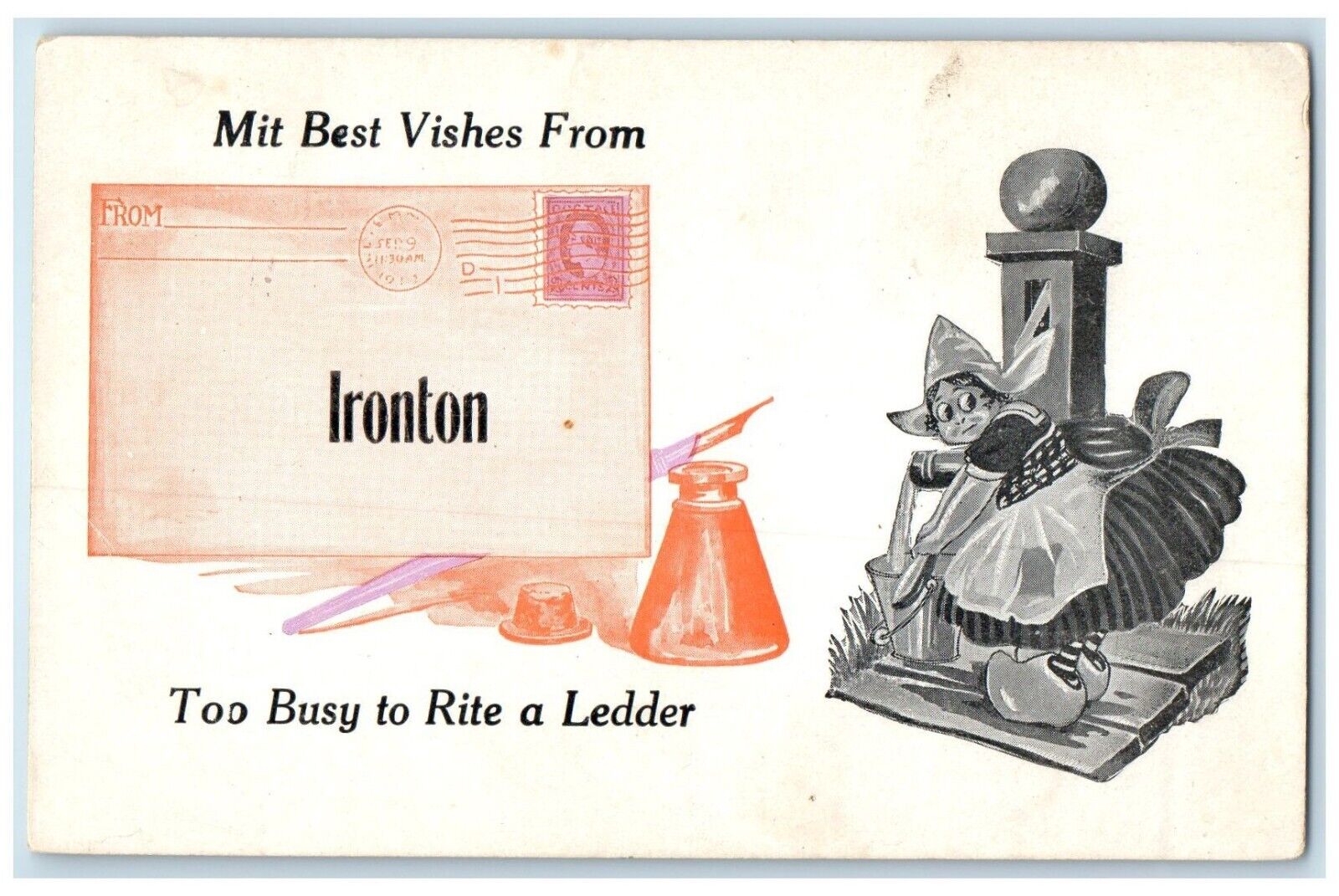 1913 Dutch Kid Too Busy To Write Ironton Minnesota MN Vintage Antique Postcard