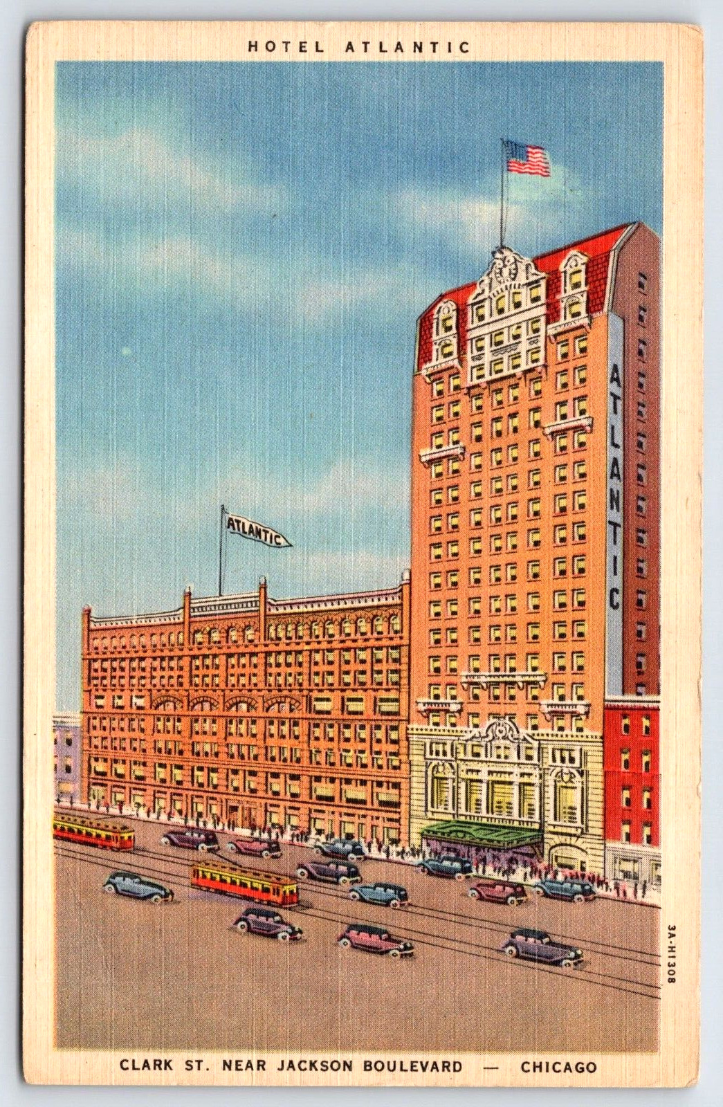 Original Old Vintage Outdoor Postcard Hotel Atlantic Cars Chicago Illinois USA
