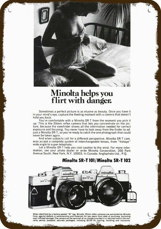 1974 MINOLTA SR-T 101 Camera Sexy Woman Vntg-Look DECORATIVE REPLICA METAL SIGN