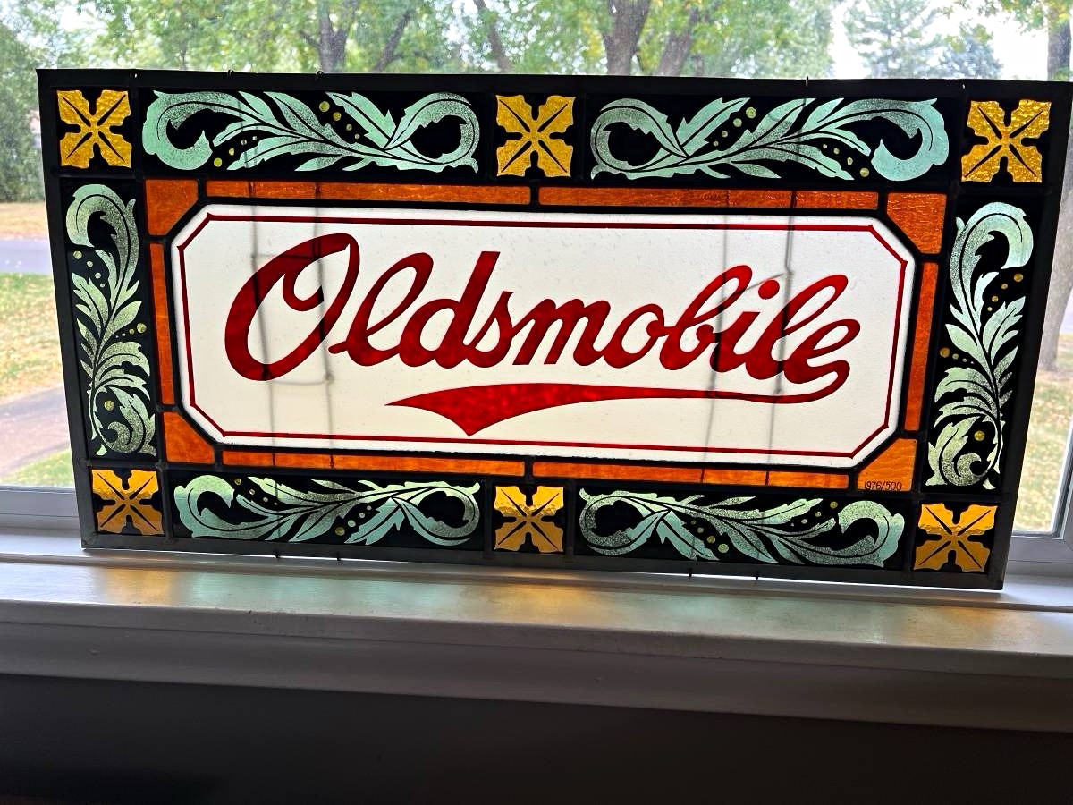 Oldsmobile Stained Glass Style Automobile Sign 1976 Multicolor Oldsmobile Stained Glass Style Automobile Sign 1976 Multicolor