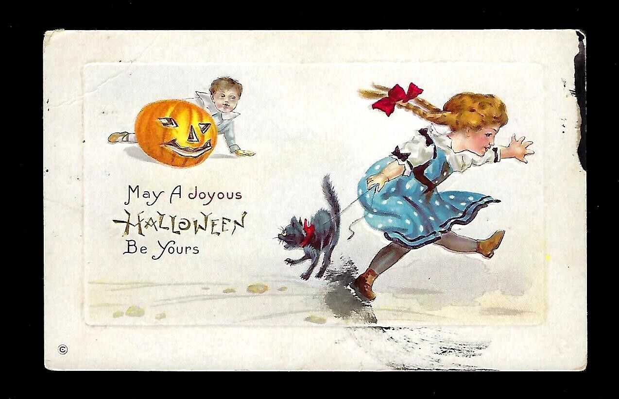 c1915 Halloween Postcard Children Playing Pumpkin Black Cat Embossed