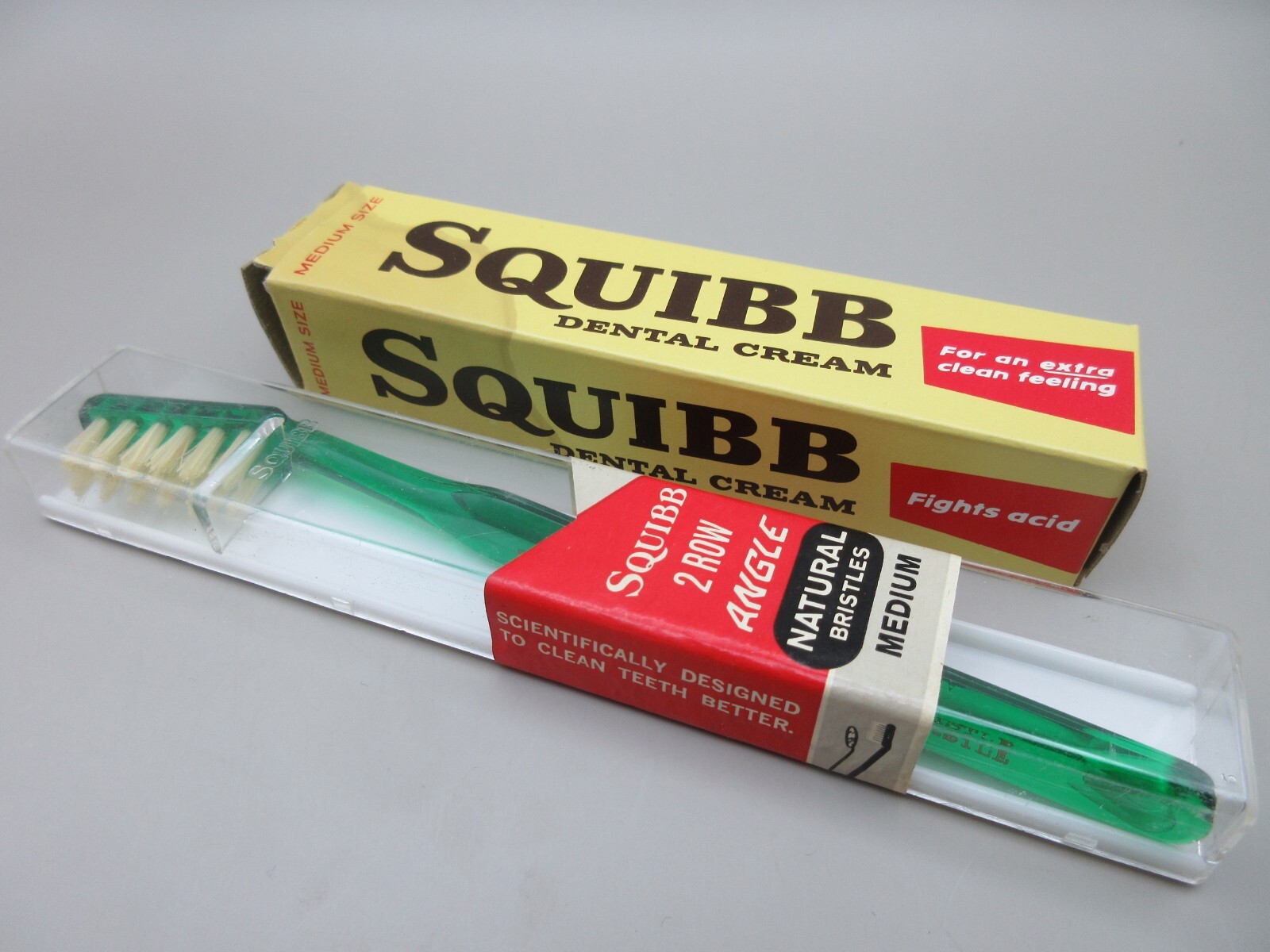 RARE NEW Vtg Squibb Dental Cream + 2 Row Angle Toothbrush Medium 1960s NOS