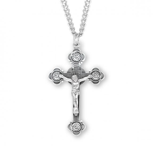 Rosebud Design Sterling Silver Crucifix 2.1in x 1.2in Features 24in Long chain
