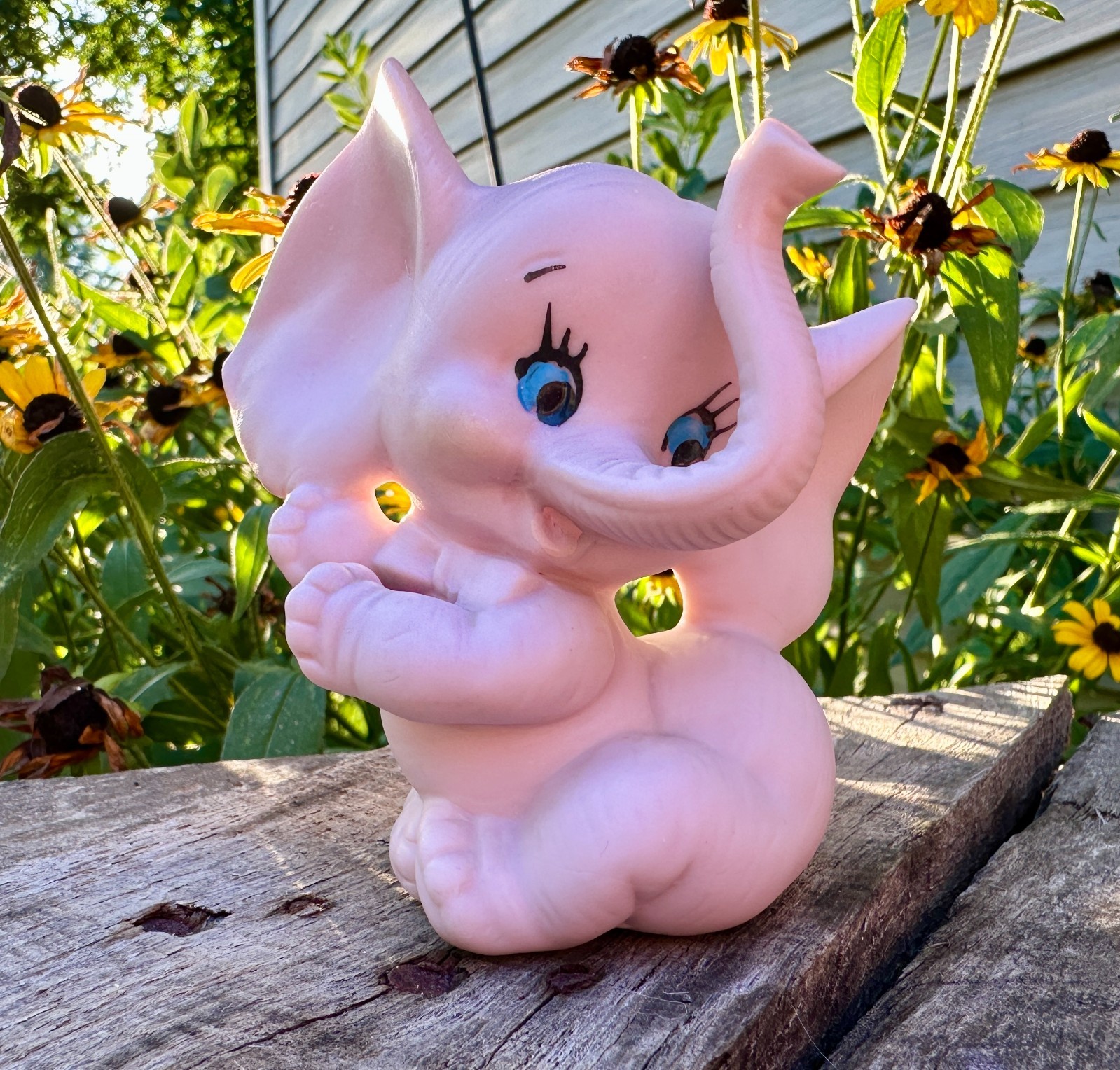 Vintage Pink Elephant Figurine Bisque Ceramic Blue Eyes Japan Mid Century Kitsch