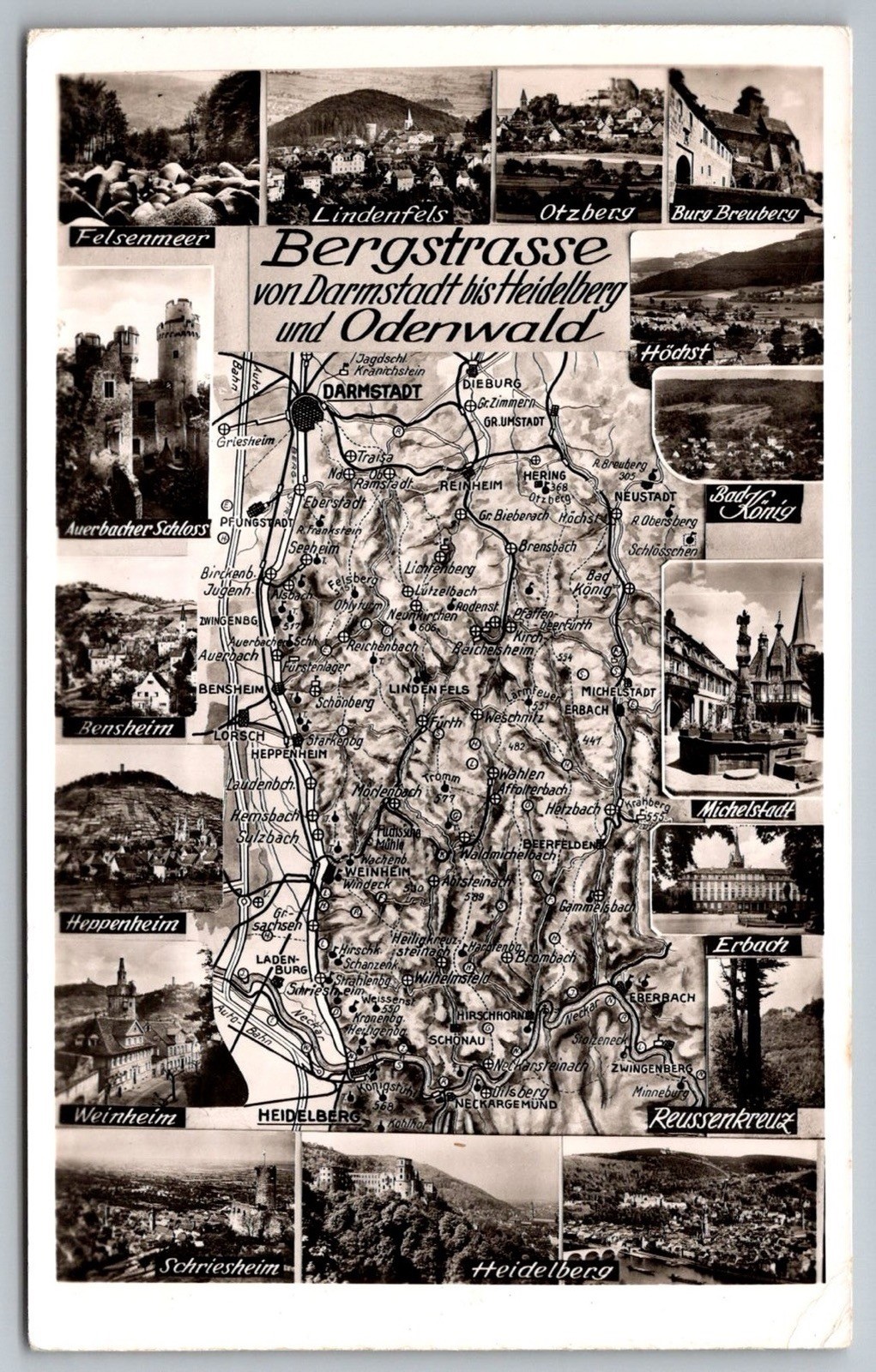 Bergstrasse Darmstadt Heidelberg Map Germany Vintage Postcard RPPC