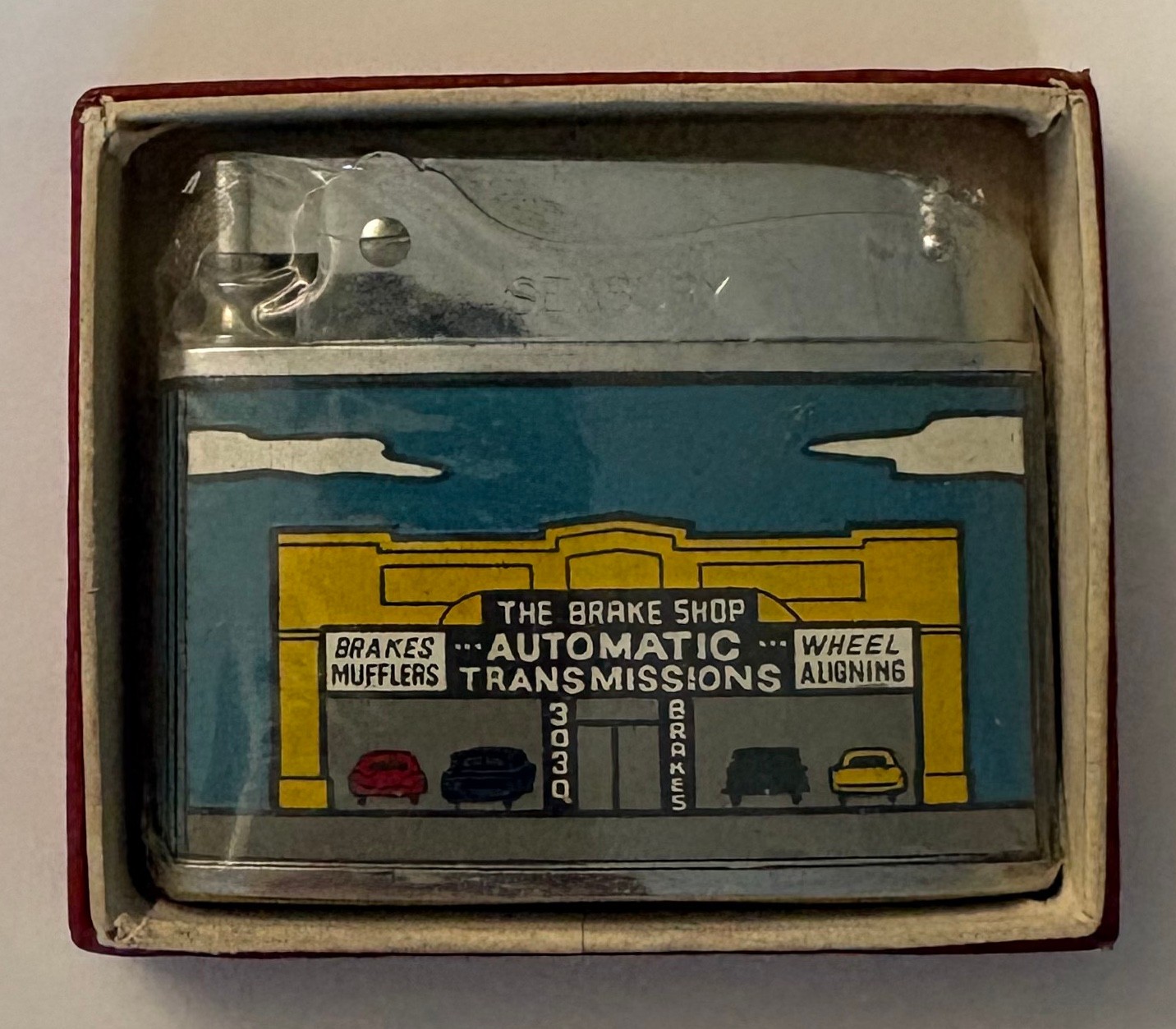 vintage LIGHTER in box-unused-STILL IN CELOPHANE ~ THE BRAKE SHOP