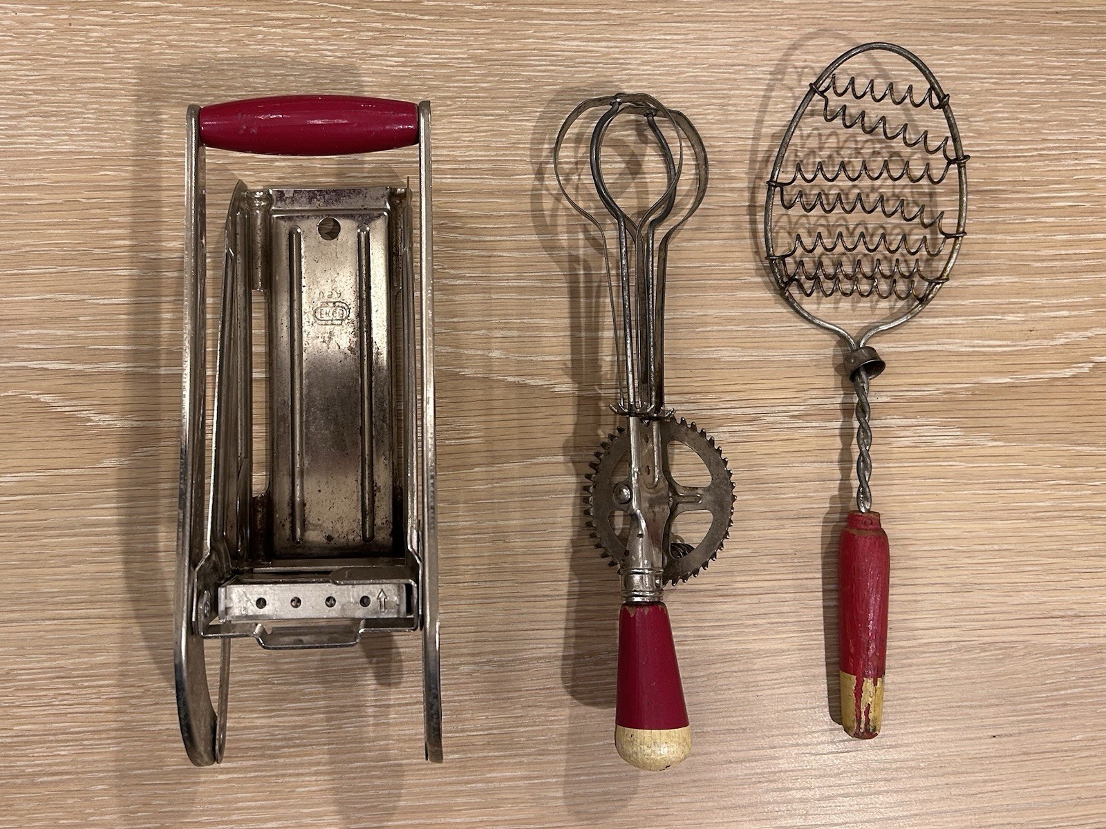 Vintage Kitchen Utensil Lot EKCO Fry Cutter, A&J Egg Beater, Coiled Wire Whisk
