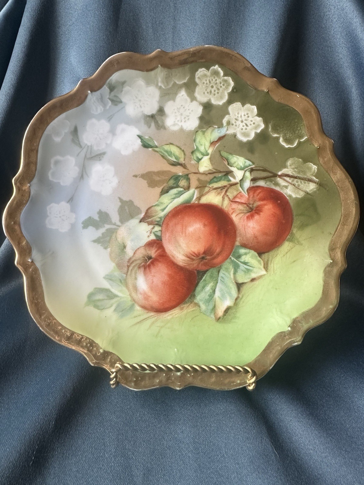 Antique CT Altwasser Germany Plate Hand Painted Apples Fruit Gold Gilt Rim 1890s