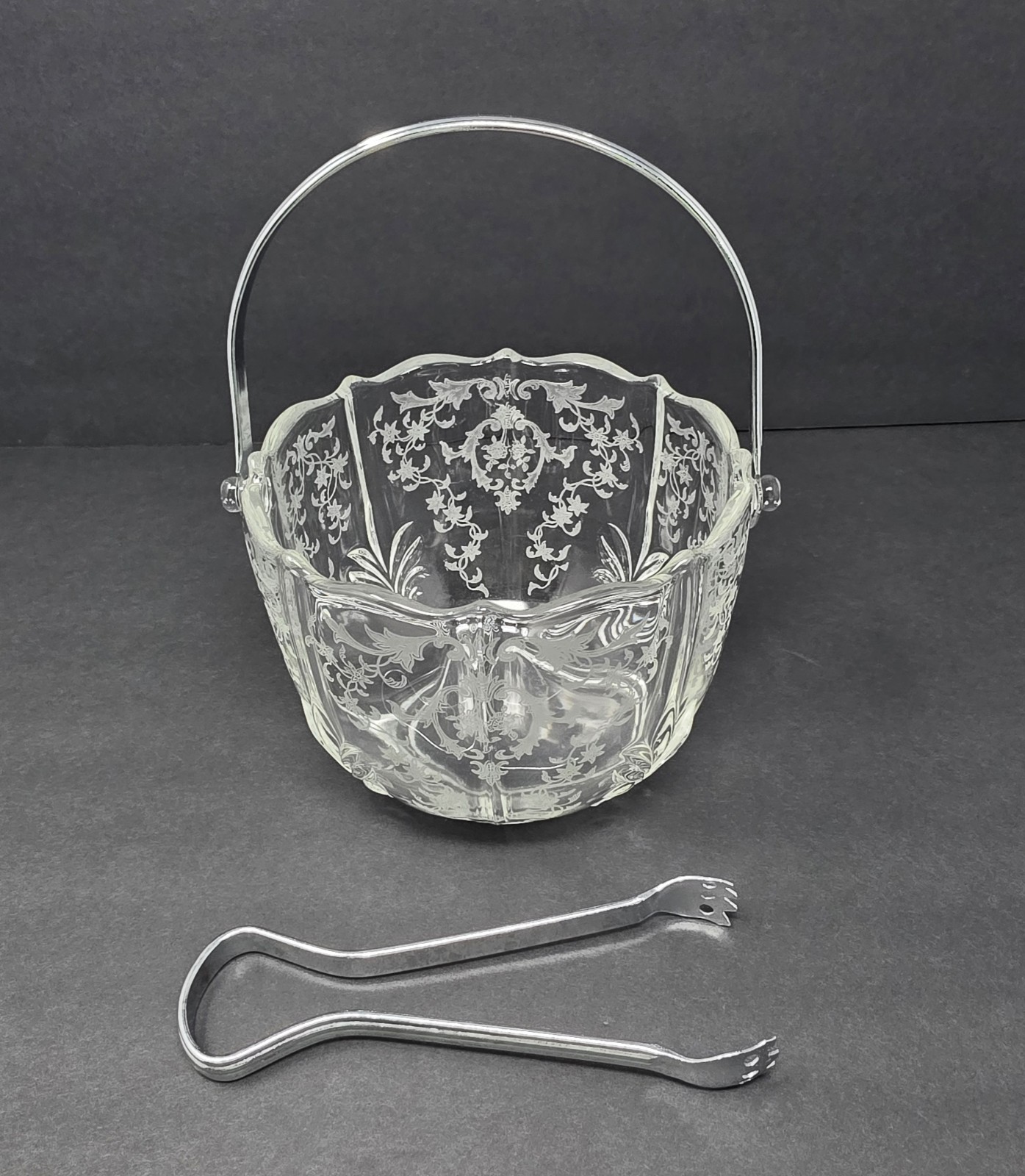 Vintage Fostoria Navarre Glass Baroque Ice Bucket with Handle And Matching Tongs