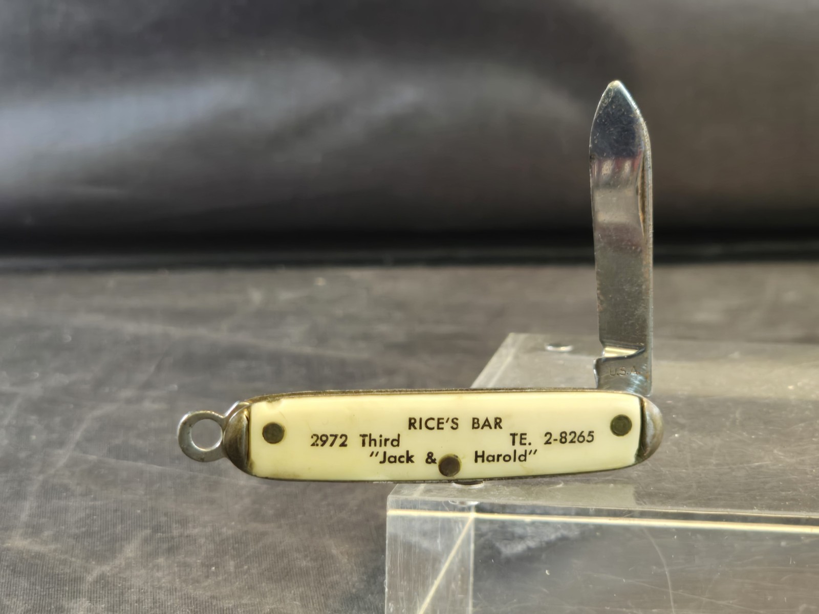 Vintage Colonial Pocket Knife Penknife Advertising Rice\'s Bar 2972 3rd St. USA
