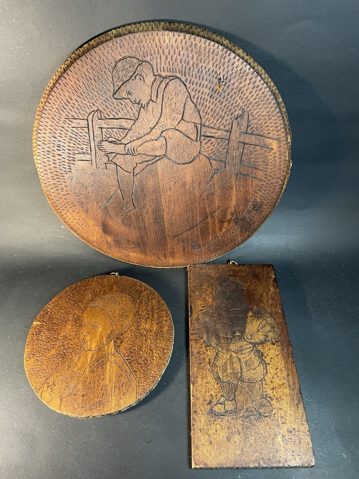 Antique Pyrography Girl & Boys Portraits Carved Wood - One Dated 1908