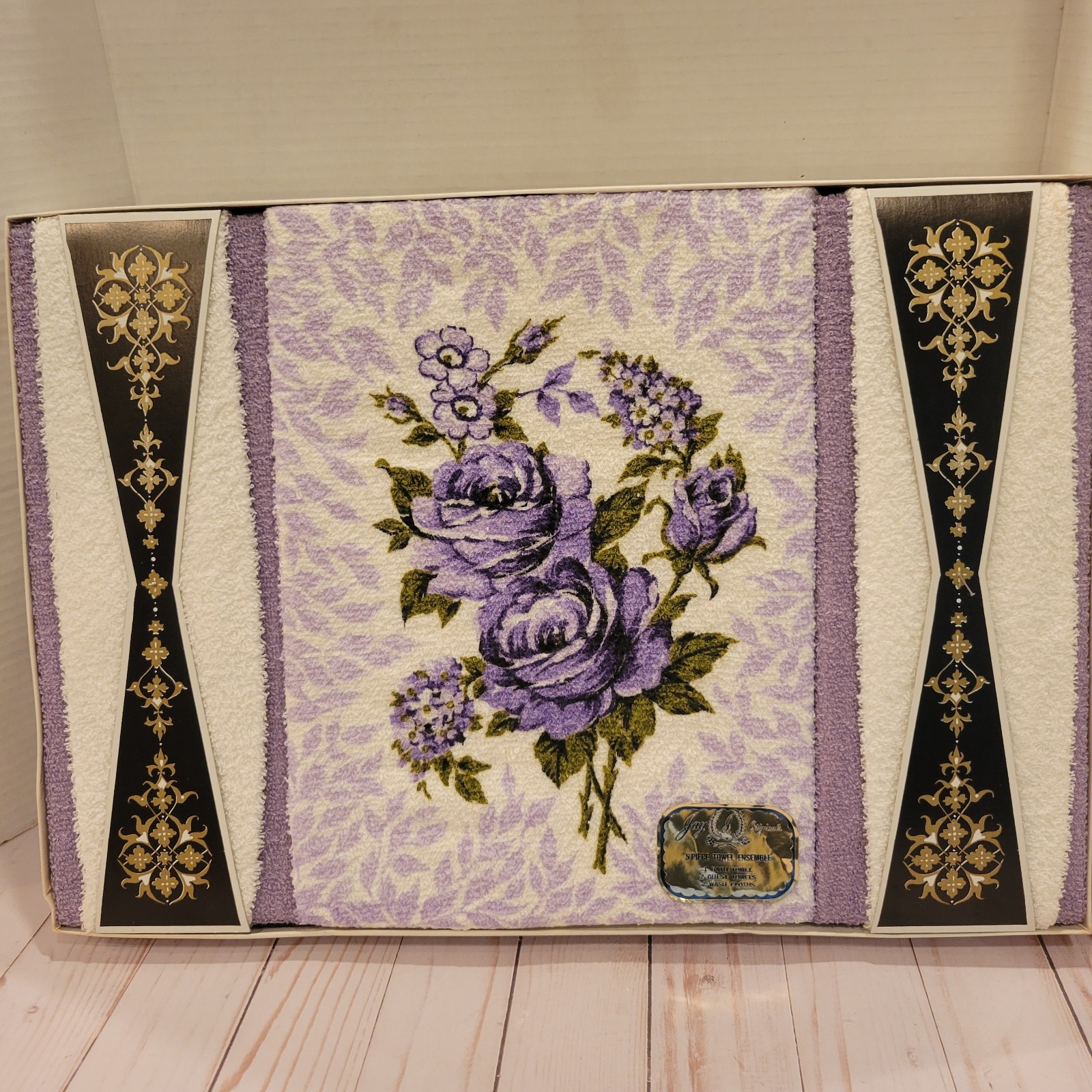 Vintage 5 Piece Towel Set Jay Originals Purple Roses NOS MCM New Beautiful 