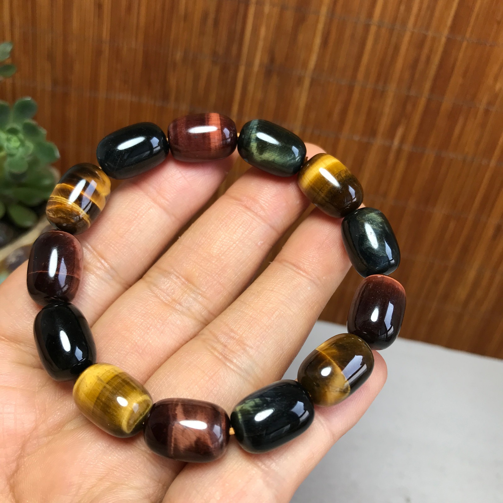 Lady Natural Mixed Tiger\'s Eye Barrel Bead Stretch Bracelet Crystal Wristband 09