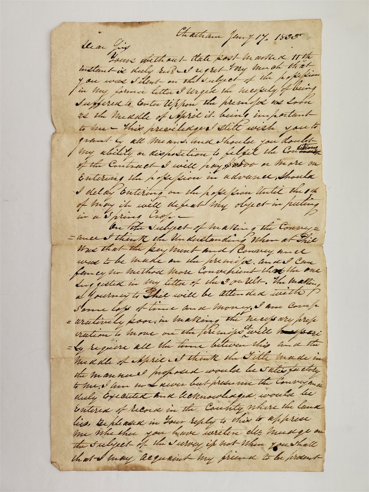 1833 antique STEVENSON HART chatham ny LAND CONTRACT LETTER CROP terms