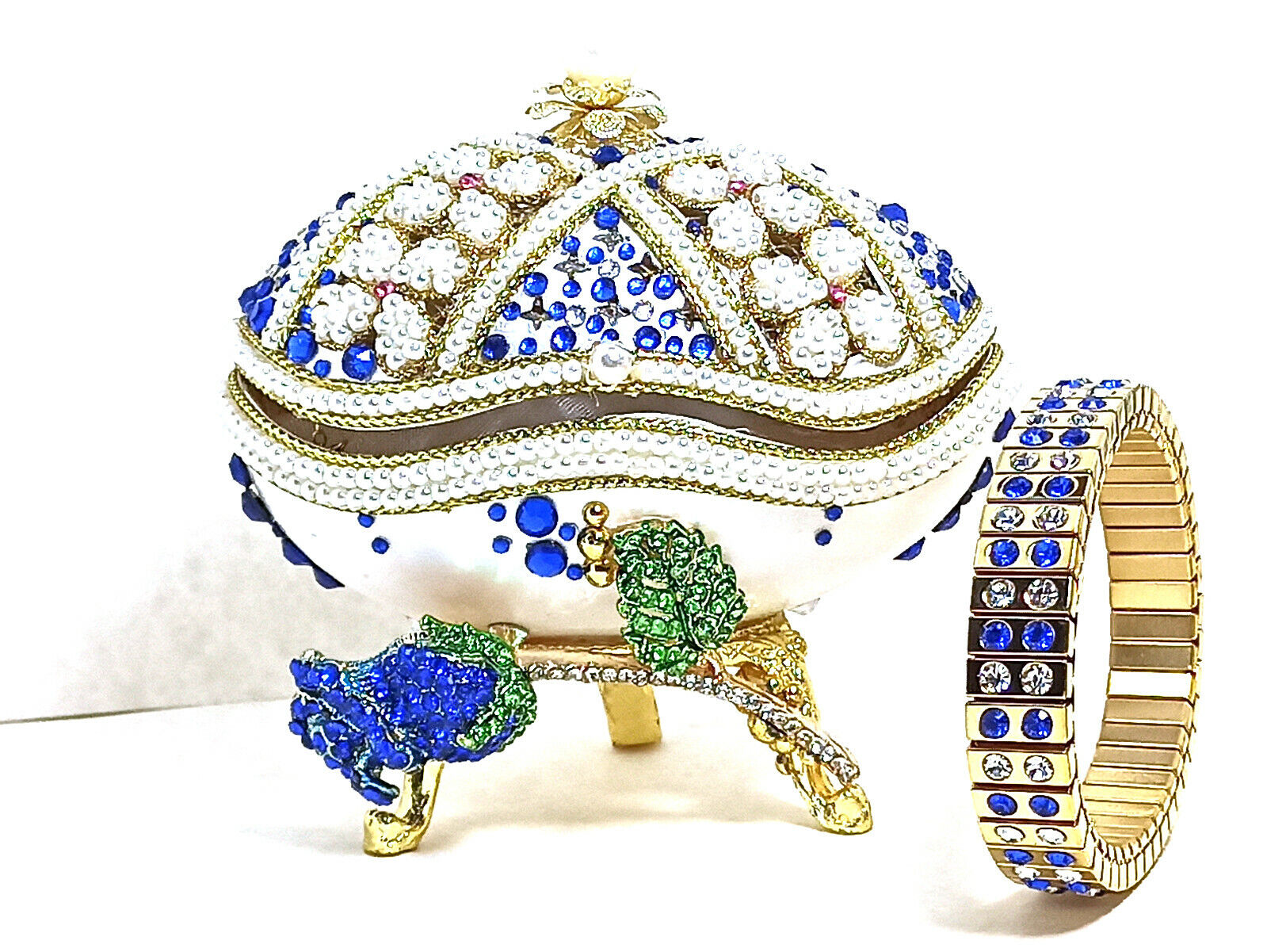 Faberge Egg Jewelry Box Gift for women Musical Fabergé egg present 24k GOLD Blue