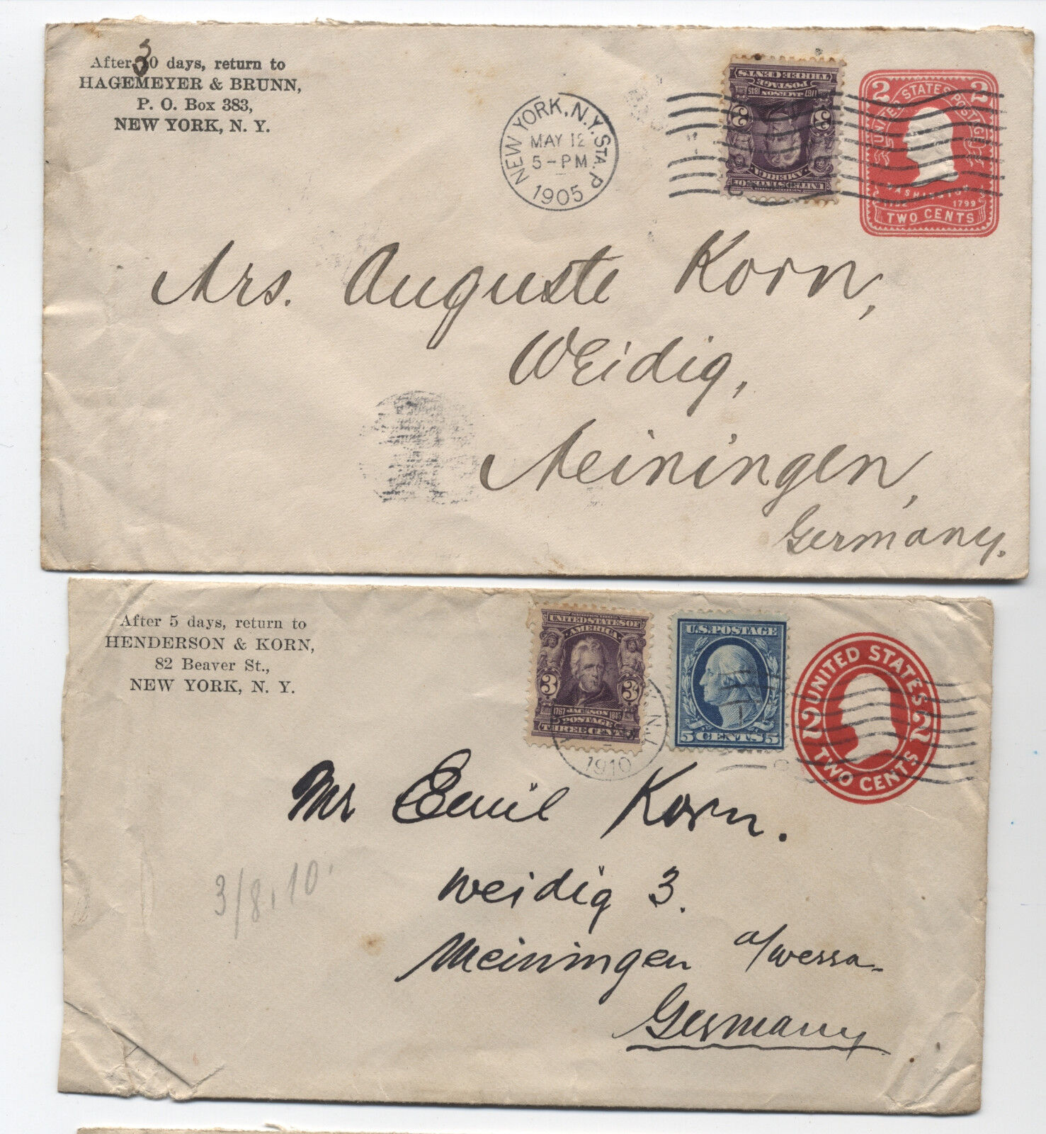 1905 and 1910 covers New York to Germany 1902 issue [y1281]