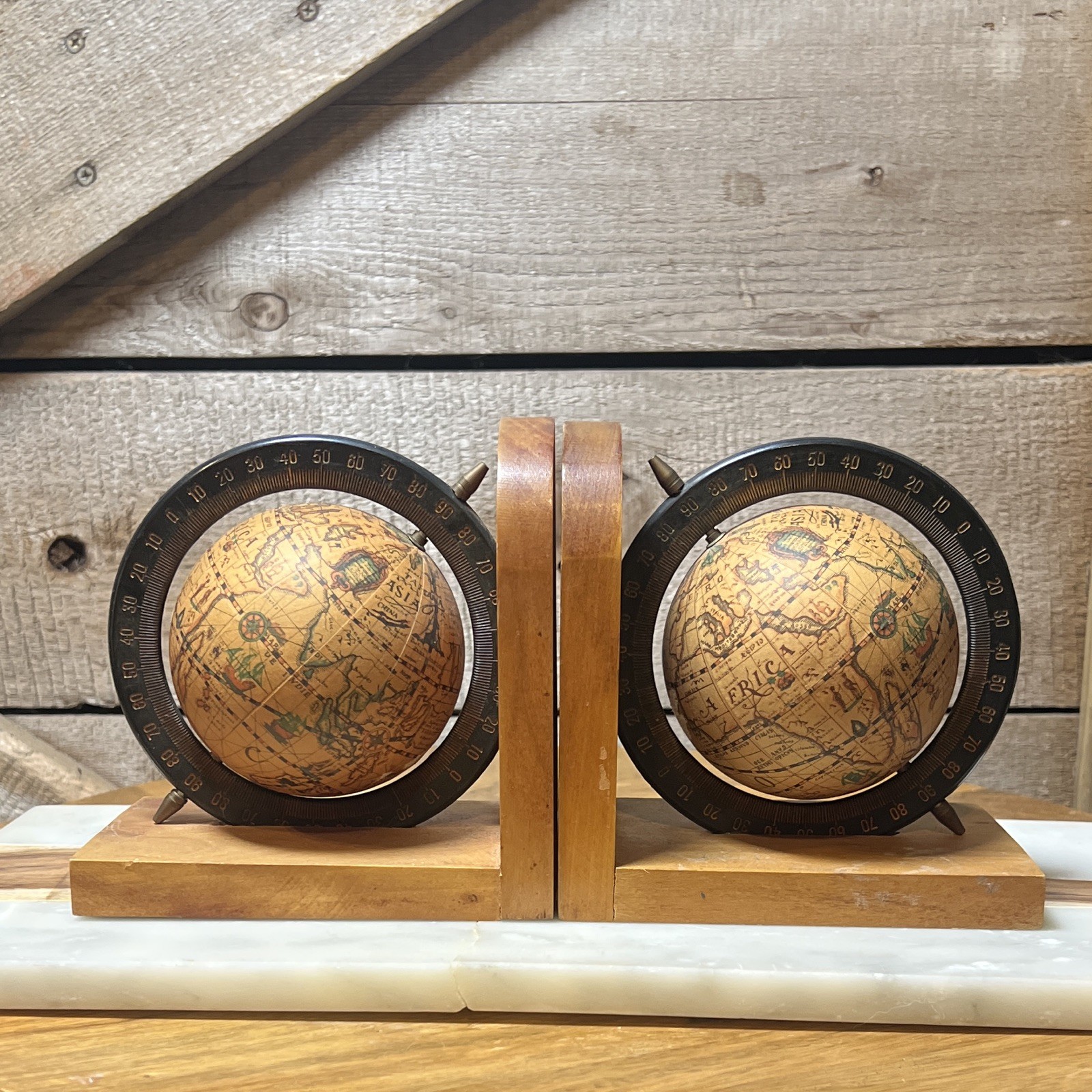 Vintage Old World Globe Bookends Pair Wood Bases MCM Library Office Decor Vintage Old World Globe Bookends Pair Wood Bases MCM Library Office Decor