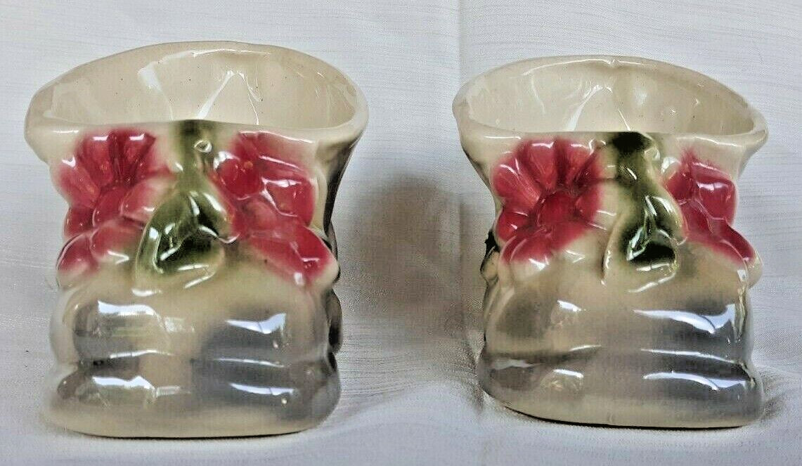 Vintage Antique Baby Bootie Shoe Planter Vase Gray Floral  Art Pottery Ceramic