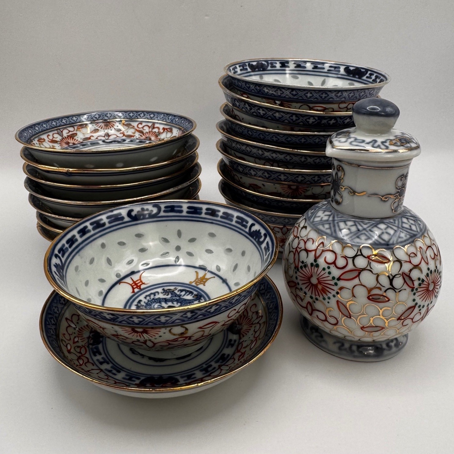 Vintage 17pc Jingdezhen Dragon Porcelain Bowl Rice Set w/ Rare Lidded Bottle