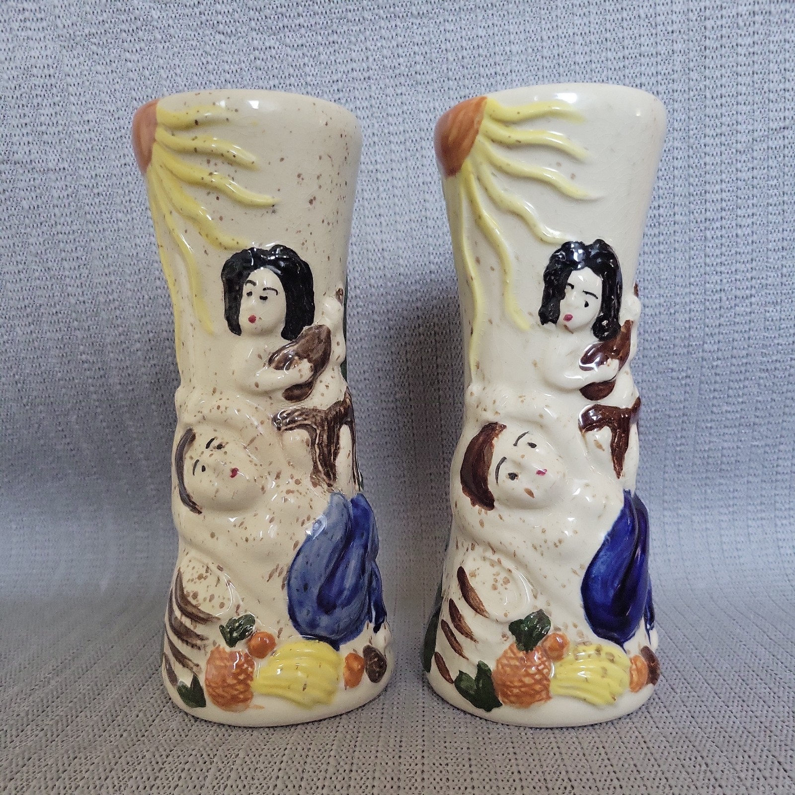 Pair Vintage Trader Vic’s Hula Girl Tiki Mugs/Vases Luau 1963 Fog Cutter Rare