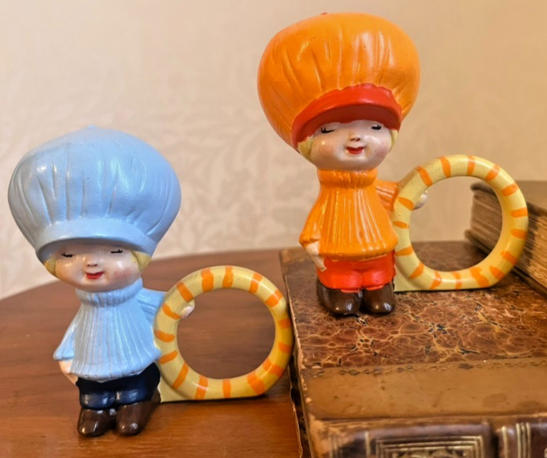 🩵🧡 Vintage 1970s Kitsch Figurines Quirky Set 2 Mod Retro Children Orange Blue