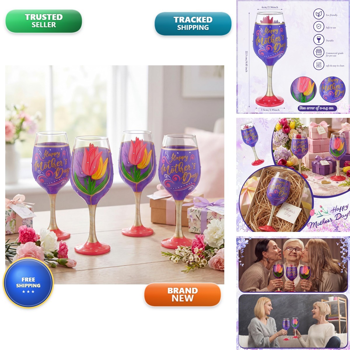SiliFine 4 Pcs Tulip Party Stemmed Wine Glasses Hand Painted