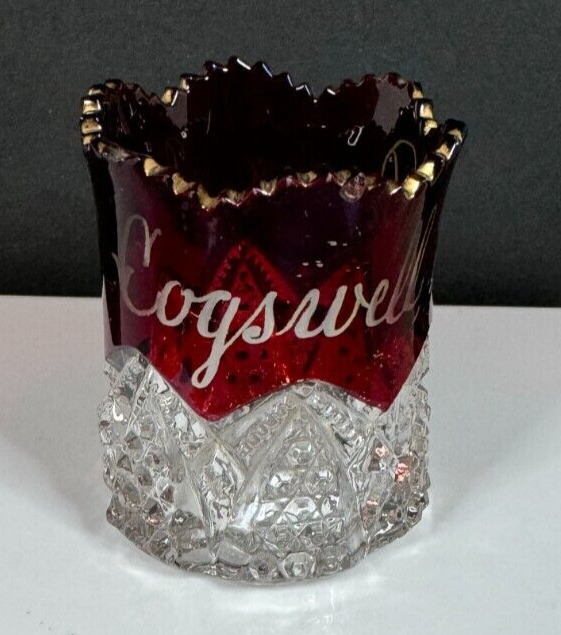 Antique EAPG Ruby Flash Glass Toothpick Holder Etched Cogswell, N.D.