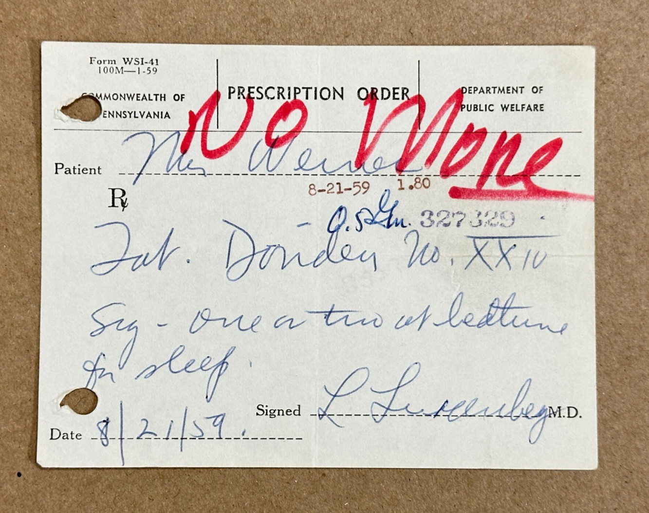 VTG 1959 Pennsylvania Dept of Public Welfare prescription for Doriden 