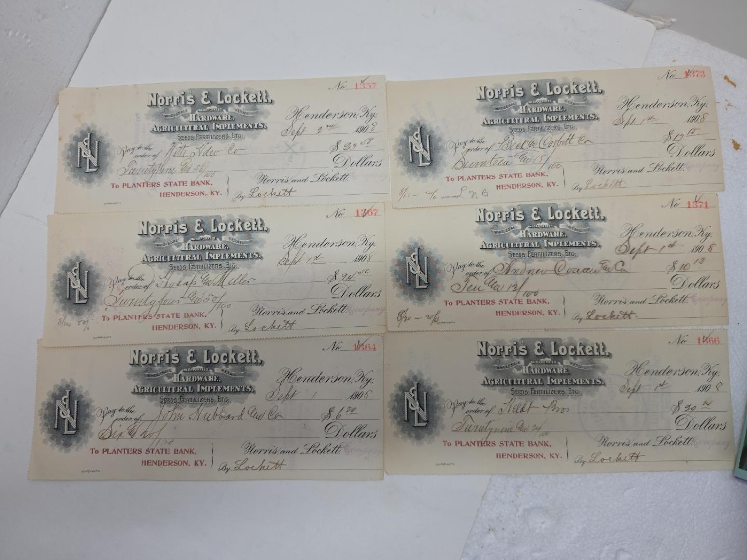 6 Antique 1908 Norris & Lockett Checks Henderson KY Planters State Bank Hardware