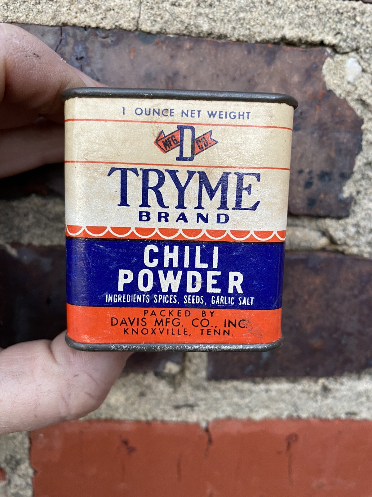 RARE VINTAGE NOS UNOPENED TRYME TRY ME CHILI POWDER SPICE TIN DAVIS KNOXVILLE TN RARE VINTAGE NOS UNOPENED TRYME TRY ME CHILI POWDER SPICE TIN DAVIS KNOXVILLE TN