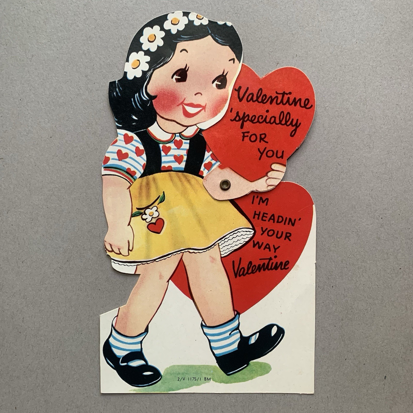 I\'m Headin Your Way Girl Heart Daisys Die Cut Mechanical Valentine Card Vintage