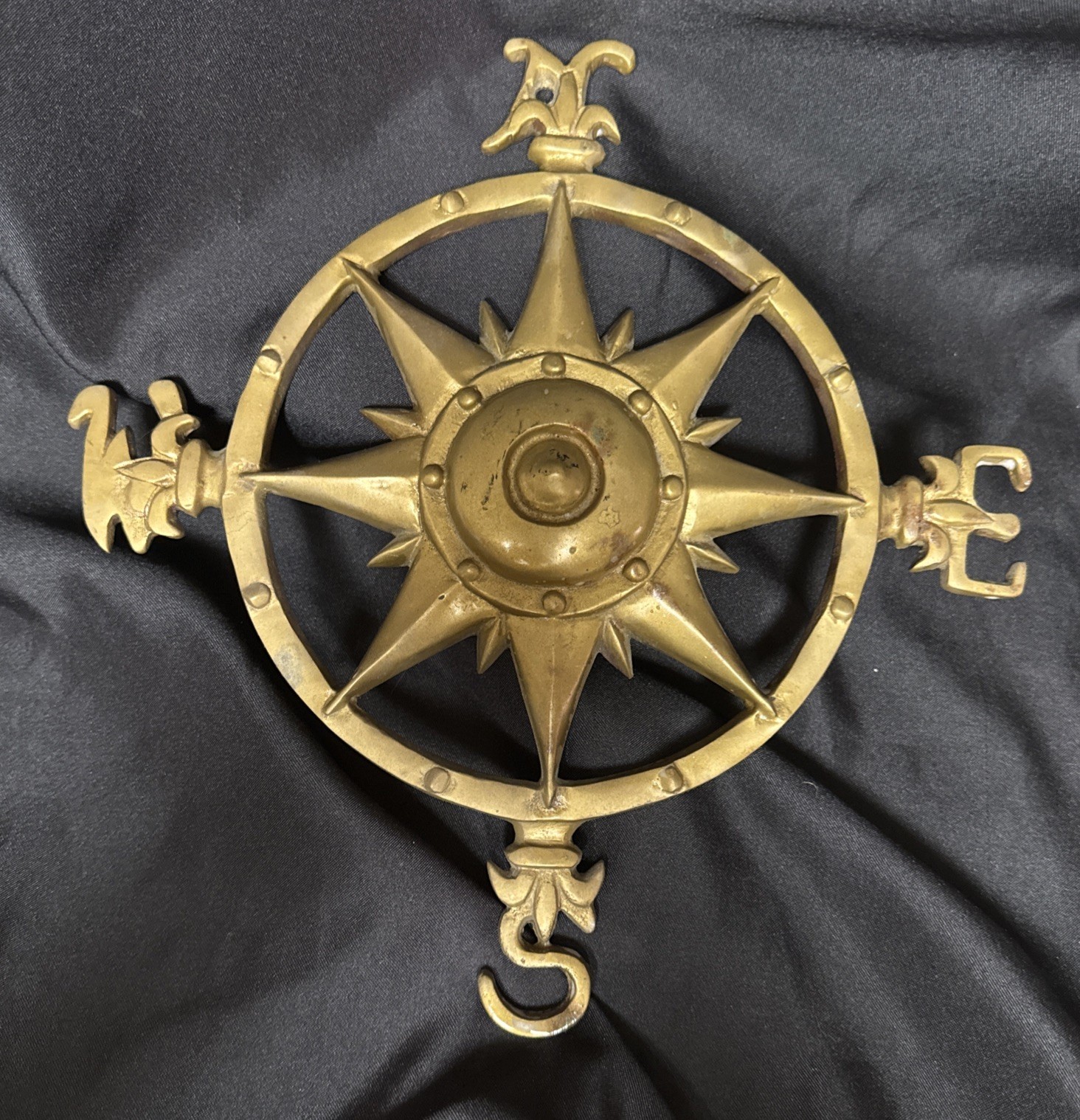Vintage Solid Brass Star Nautical Compass Rose Directional Wall Hanging 12”