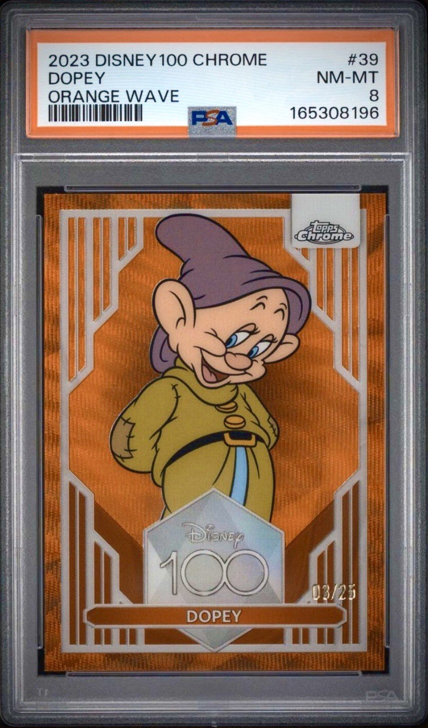 Topps Disney Chrome Disney100 2023 Dopey Orange Wave Refractor /25 PSA 8