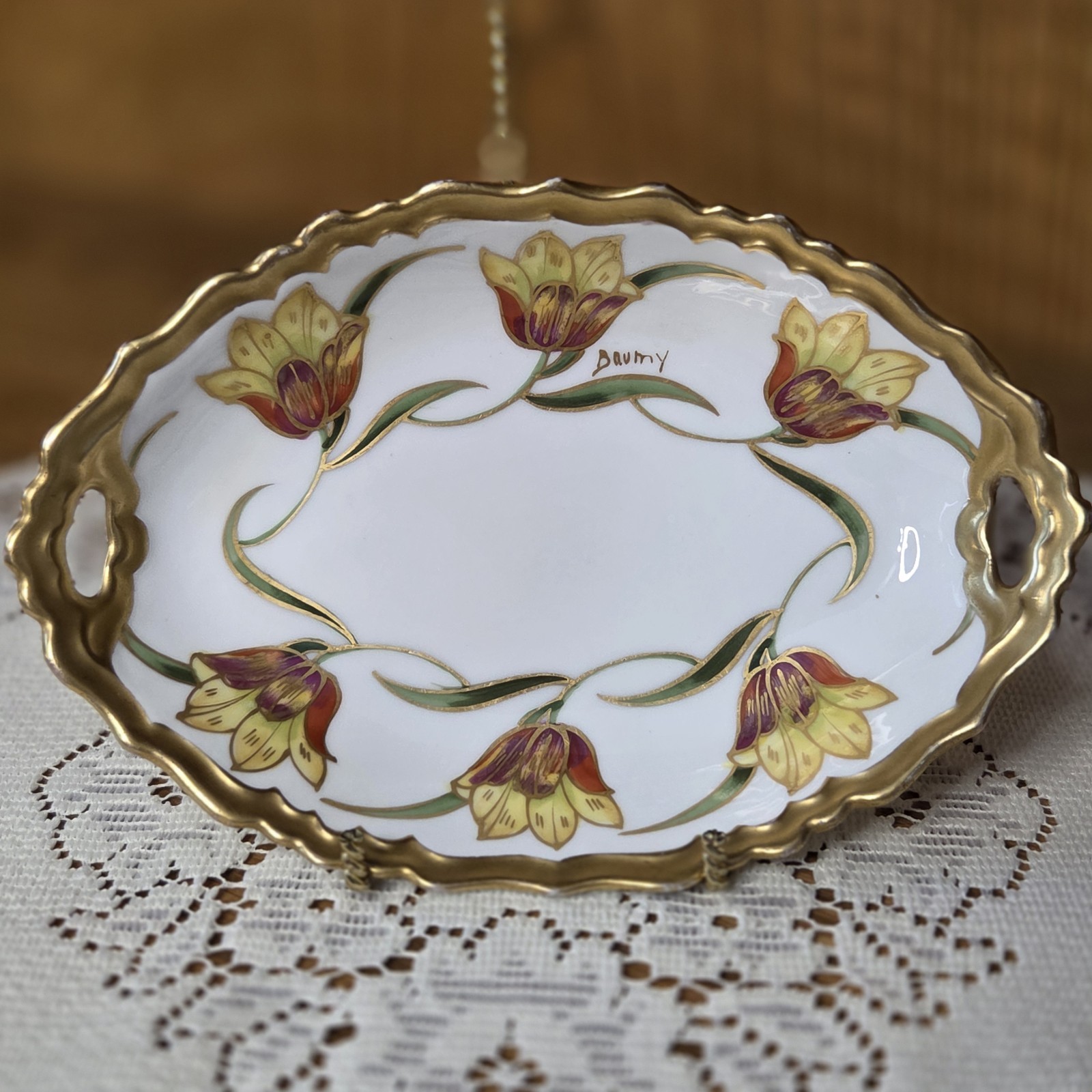 ATQ Signed B & H Limoges France Handpainted Tulips Gold Small Tray Trinket Dish